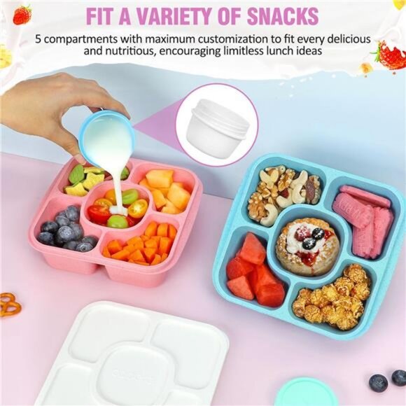 Bento Snack Containers with 5 Compartments (3 Pack) - Reusable Bento Boxes - Picture 2 of 7